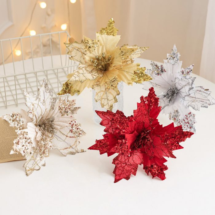 The artificial Christmas flowers are made of sequined fabrics, velvet flowers and rattan. Leafhometrade specializes in providing customized wholesale Christmas flower services. For more details.