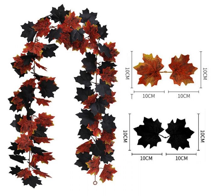 The maple leaf rattan is assembled from double maple leaves of different shapes, pure black rose heads, sunflower flower heads and rattan. The maple leaf colors include pure black maple leaves, red maple leaves, orange gradient maple leaves, black and orange mixed maple leaves, and the sunflower flower head color is blue. Color sunflower flower heads, white sunflower flower heads, red sunflower flower heads, orange sunflower flower heads. The maple leaf wall hanging is made of environmentally friendly PPC material.