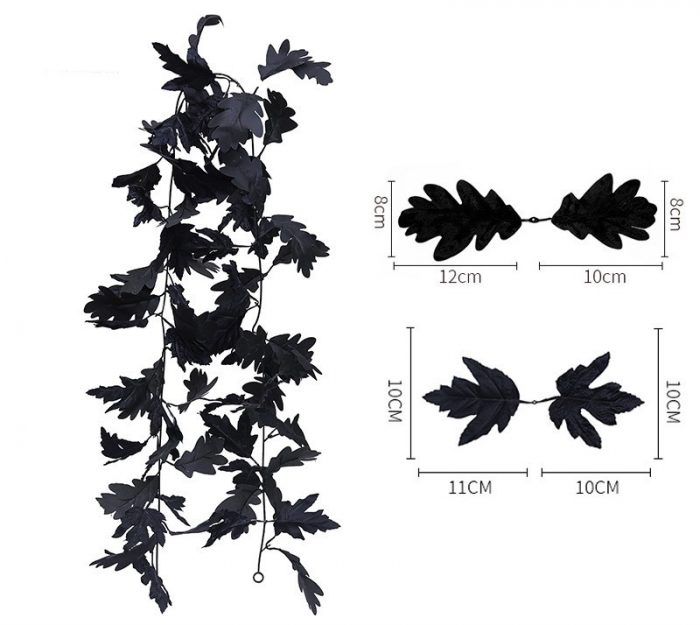 The maple leaf rattan is assembled from double maple leaves of different shapes, pure black rose heads, sunflower flower heads and rattan. The maple leaf colors include pure black maple leaves, red maple leaves, orange gradient maple leaves, black and orange mixed maple leaves, and the sunflower flower head color is blue. Color sunflower flower heads, white sunflower flower heads, red sunflower flower heads, orange sunflower flower heads. The maple leaf wall hanging is made of environmentally friendly PPC material.