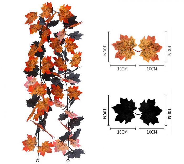 The maple leaf rattan is assembled from double maple leaves of different shapes, pure black rose heads, sunflower flower heads and rattan. The maple leaf colors include pure black maple leaves, red maple leaves, orange gradient maple leaves, black and orange mixed maple leaves, and the sunflower flower head color is blue. Color sunflower flower heads, white sunflower flower heads, red sunflower flower heads, orange sunflower flower heads. The maple leaf wall hanging is made of environmentally friendly PPC material.