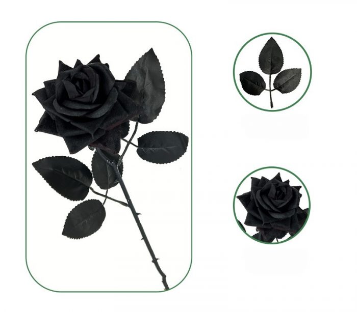 The black rose bouquet is made up of black roses, black rose leaves and black wire.