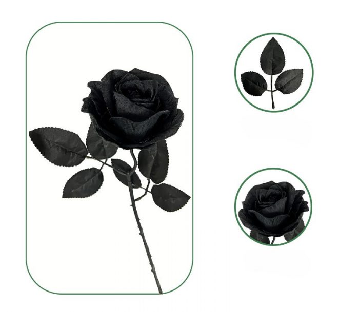 The black rose bouquet is made up of black roses, black rose leaves and black wire.