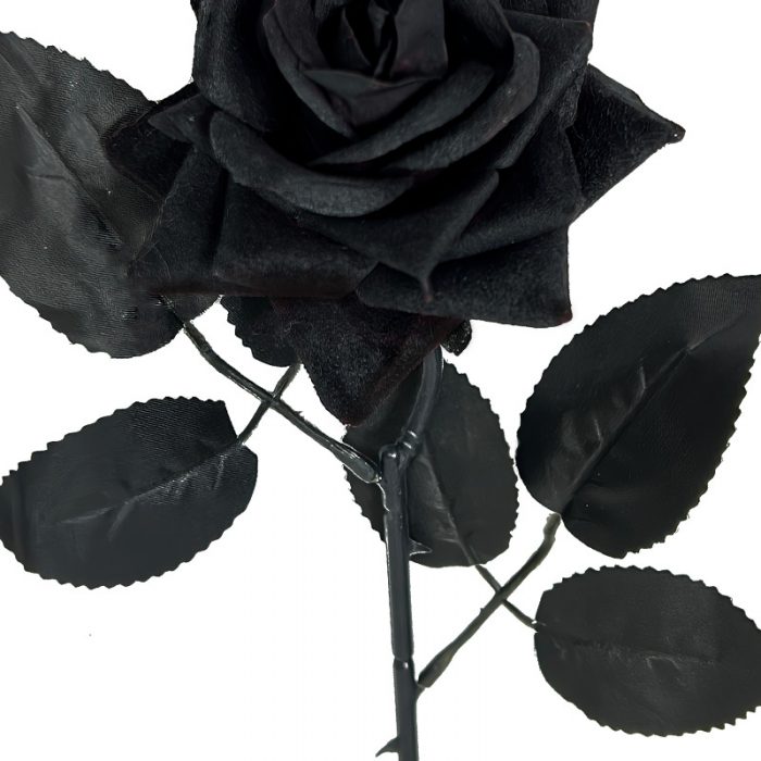 The black rose bouquet is made up of black roses, black rose leaves and black wire.