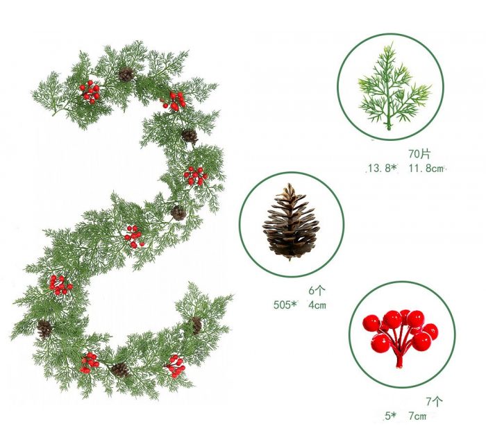 The Christmas garlands is composed of artificial eucalyptus leaves, cedar branches, pine cones, red berries, etc.