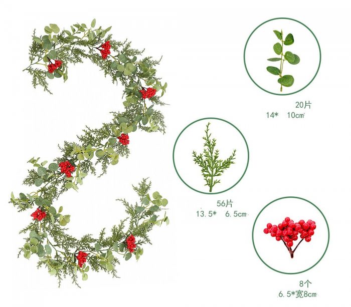 The Christmas garlands is composed of artificial eucalyptus leaves, cedar branches, pine cones, red berries, etc.