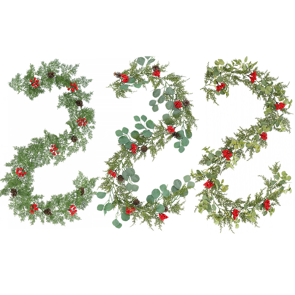 The Christmas garlands is composed of artificial eucalyptus leaves, cedar branches, pine cones, red berries, etc.