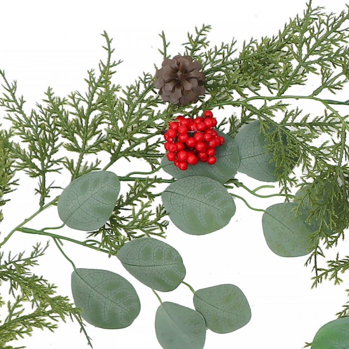 The Christmas garlands is composed of artificial eucalyptus leaves, cedar branches, pine cones, red berries, etc.