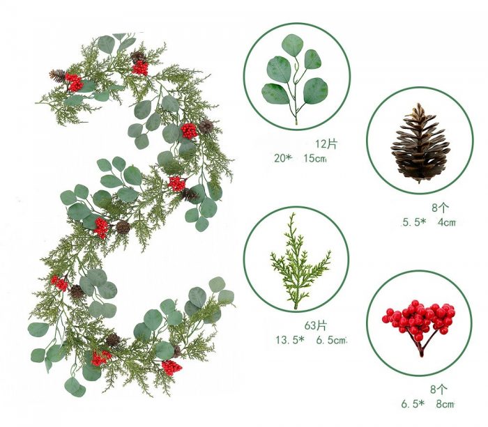 The Christmas garlands is composed of artificial eucalyptus leaves, cedar branches, pine cones, red berries, etc.