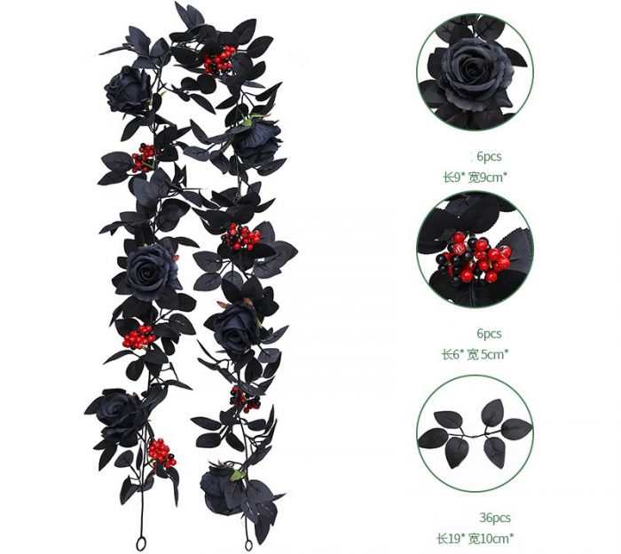 The artificial black rose garland is composed of black rose heads, black rose leaves, golden water plants, and red berries.