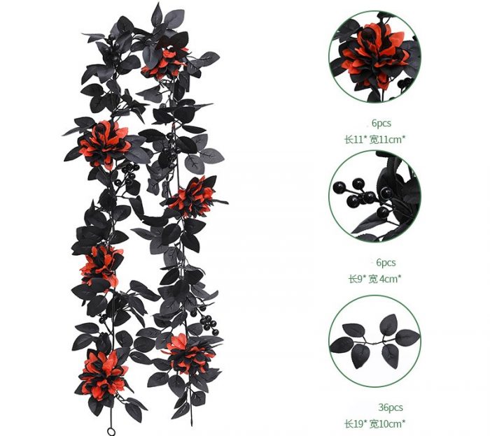 The artificial black rose garland is composed of black rose heads, black rose leaves, golden water plants, and red berries.