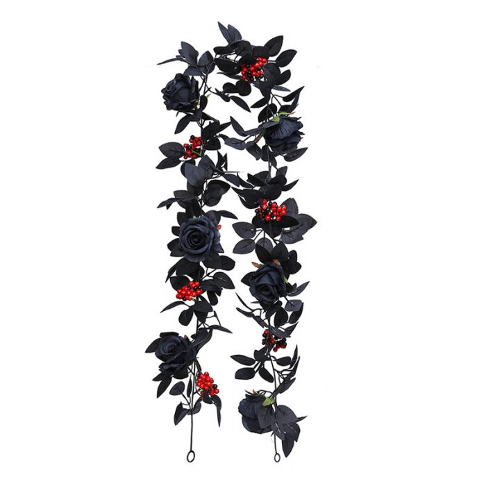 The artificial black rose garland is composed of black rose heads, black rose leaves, golden water plants, and red berries.