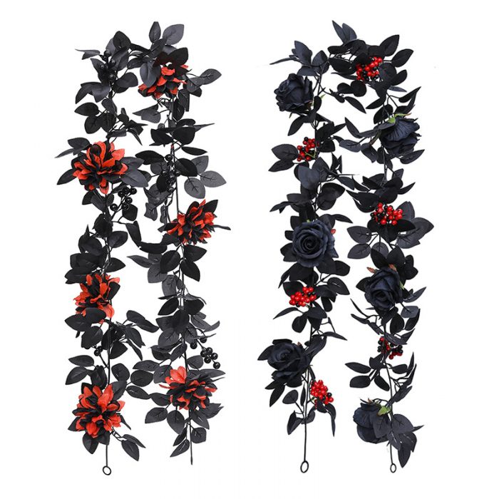 The artificial black rose garland is composed of black rose heads, black rose leaves, golden water plants, and red berries.