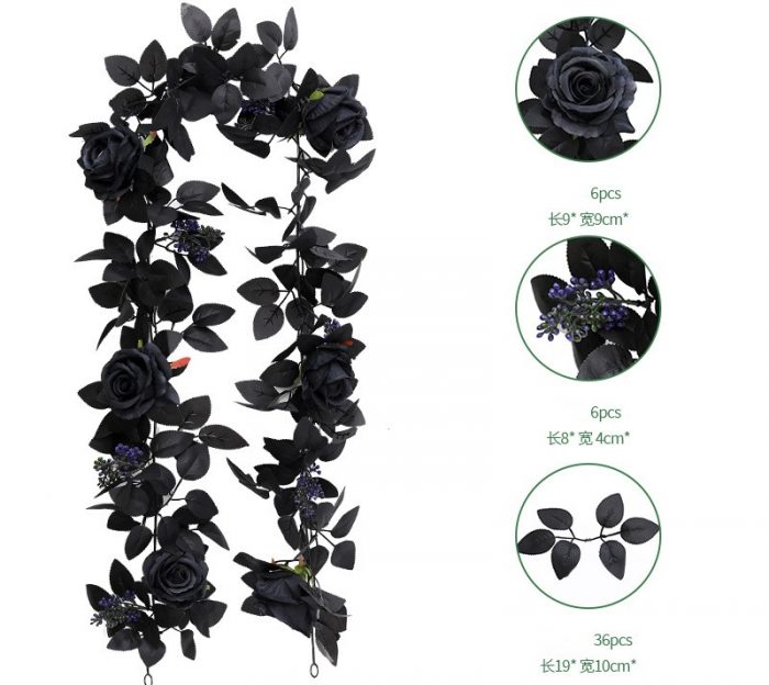 The artificial black rose garland is composed of black rose heads, black rose leaves, golden water plants, and red berries.