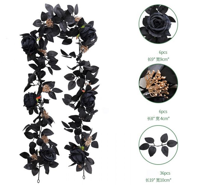 The artificial black rose garland is composed of black rose heads, black rose leaves, golden water plants, and red berries.