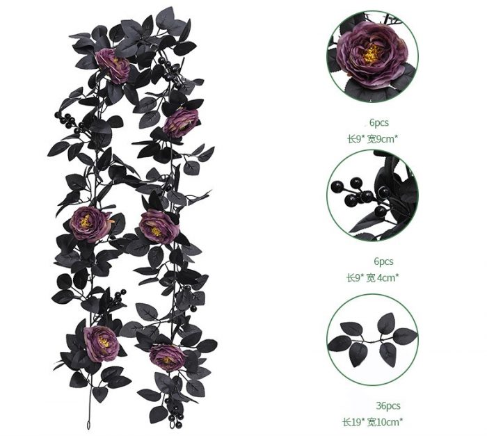 The artificial black rose garland is composed of black rose heads, black rose leaves, golden water plants, and red berries.