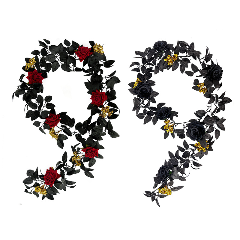 The artificial black rose garland is composed of black rose heads, black rose leaves, golden water plants, and red berries.