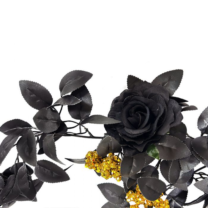 The artificial black rose garland is composed of black rose heads, black rose leaves, golden water plants, and red berries.