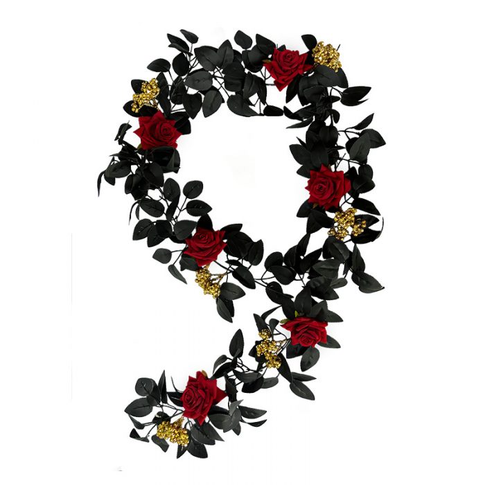 The artificial black rose garland is composed of black rose heads, black rose leaves, golden water plants, and red berries.