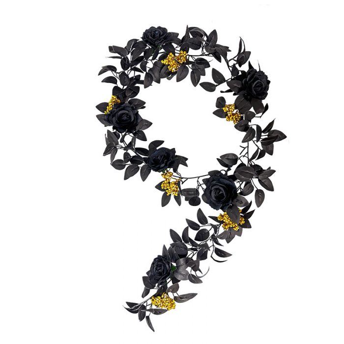 The artificial black rose garland is composed of black rose heads, black rose leaves, golden water plants, and red berries.