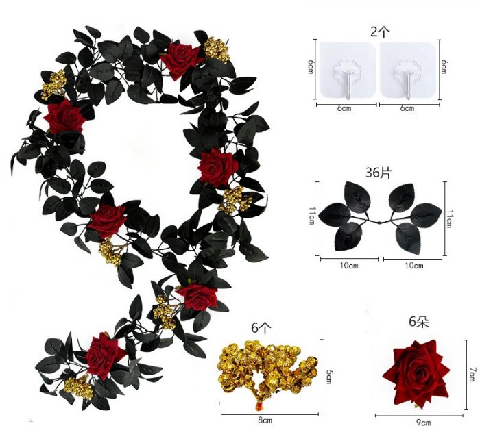 The artificial black rose garland is composed of black rose heads, black rose leaves, golden water plants, and red berries.