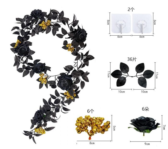 The artificial black rose garland is composed of black rose heads, black rose leaves, golden water plants, and red berries.