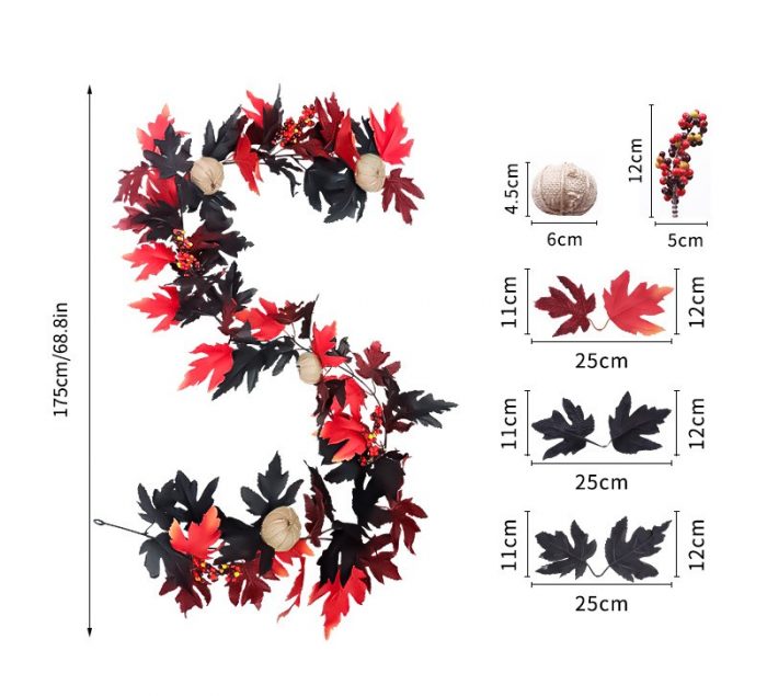 The artificial pumpkin garland is composed of black and red maple leaves, felt pumpkins, and black and red berries. Each maple leaf has full meridians, is smooth and wear-resistant, and feels delicate to the touch.