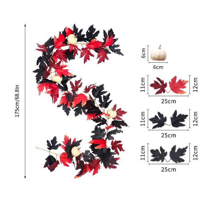 The artificial pumpkin garland is composed of black and red maple leaves, felt pumpkins, and black and red berries. Each maple leaf has full meridians, is smooth and wear-resistant, and feels delicate to the touch.