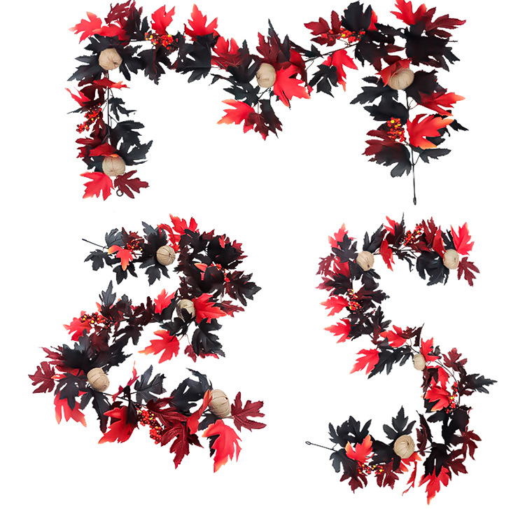 The artificial pumpkin garland is composed of black and red maple leaves, felt pumpkins, and black and red berries. Each maple leaf has full meridians, is smooth and wear-resistant, and feels delicate to the touch.