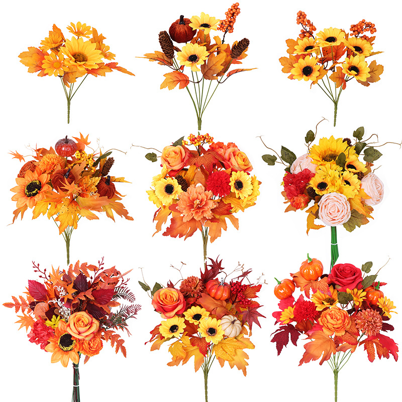 The orange bouquet is made up of simulated bouquets of black-eyed Susans, black-eyed daisies, orange chrysanthemums, orange peonies, orange carnations, orange sunflowers, orange roses, red pumpkins, orange berries, orange maple leaves, pink roses, etc. Leafhometrade specializes in providing wholesale customized Halloween simulated flower services.