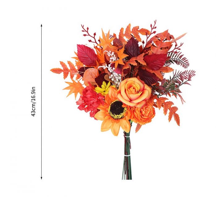 The orange bouquet is made up of simulated bouquets of black-eyed Susans, black-eyed daisies, orange chrysanthemums, orange peonies, orange carnations, orange sunflowers, orange roses, red pumpkins, orange berries, orange maple leaves, pink roses, etc. Leafhometrade specializes in providing wholesale customized Halloween simulated flower services.