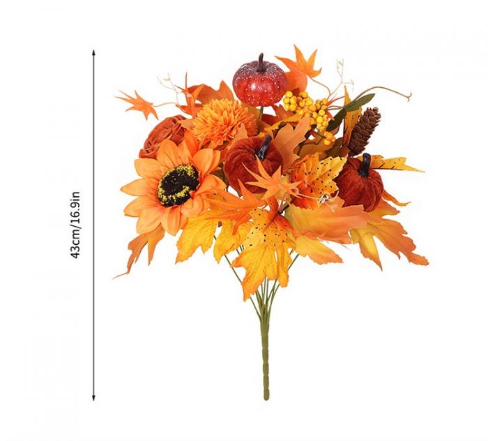 The orange bouquet is made up of simulated bouquets of black-eyed Susans, black-eyed daisies, orange chrysanthemums, orange peonies, orange carnations, orange sunflowers, orange roses, red pumpkins, orange berries, orange maple leaves, pink roses, etc. Leafhometrade specializes in providing wholesale customized Halloween simulated flower services.