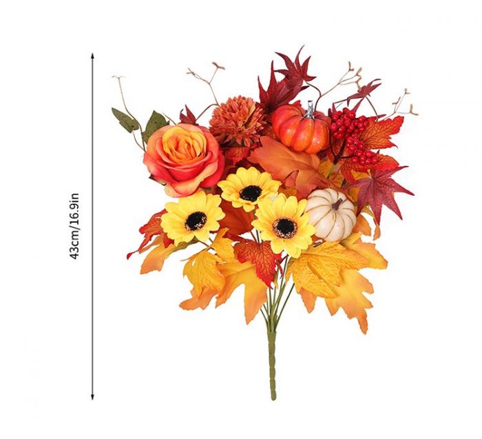 The orange bouquet is made up of simulated bouquets of black-eyed Susans, black-eyed daisies, orange chrysanthemums, orange peonies, orange carnations, orange sunflowers, orange roses, red pumpkins, orange berries, orange maple leaves, pink roses, etc. Leafhometrade specializes in providing wholesale customized Halloween simulated flower services.