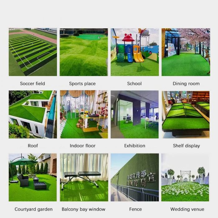 Artificial simulation grass, suspended turf, plastic green grass mat, each piece of artificial grass has four layers of structure, namely artificial grass silk, polypropylene fiber, mesh panel, styrene-butadiene latex (SBR). We can lay turf in engineering enclosures, paving lawns, sports field lawns, football fields, sports stadiums, school playgrounds, exhibition halls, land shielding, golf courses, gateball courts, gyms, indoor badminton courts, etc. The product specifications vary according to different usage scenarios. We can customize according to your needs.